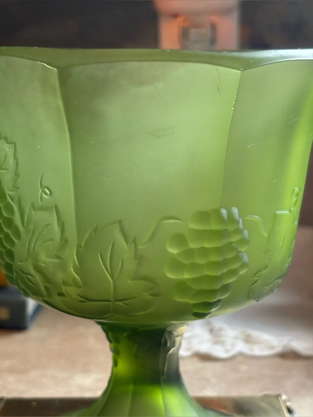 VTG OLIVE GREEN Glass Pedestal Compote with Grape Vine Motif ~ Brass Ornate Base